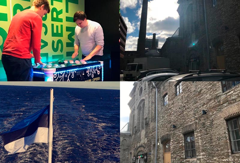 Kuvakollaasi, jossa on kuva Viron lipusta, kahdesta tiilirakennuksesta ja kahdesta henkilöstä pelaamassa lautapeliä.