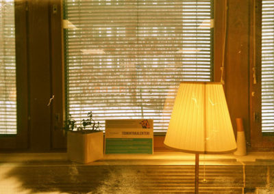 Ikkuna, jonka edessä on huonekasvi, FinFami Uusimaan kortti ja lamppu.