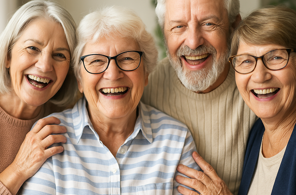 Neljä senioria katsovat hymyillen kohti.