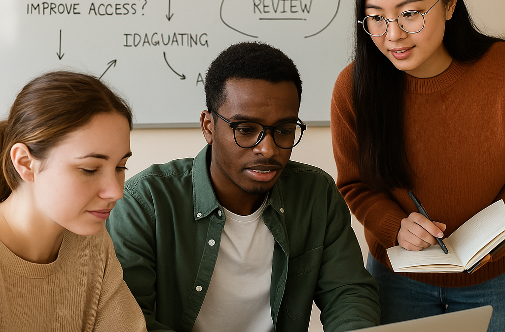 Kolme opiskelijaa tietokoneen äärellä tekemässä tutkimusta mielenterveydestä.