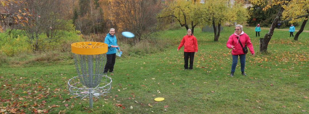 Ihmiset pelaavat nurmikkokentällä frisbeegolfia.