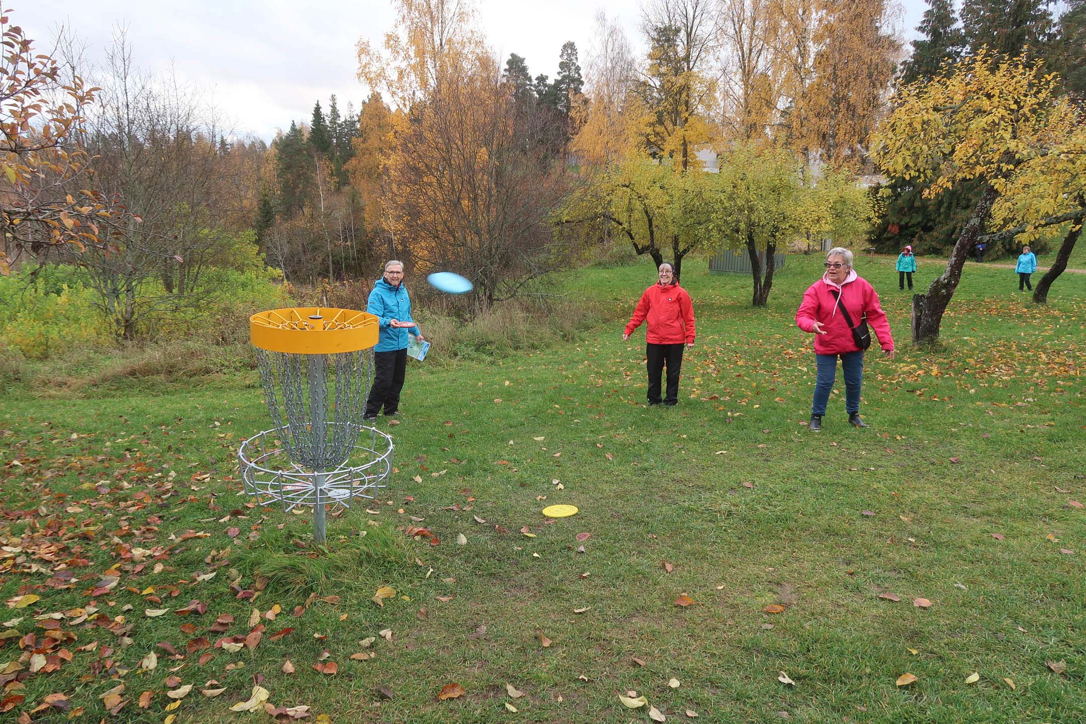 Ihmiset pelaavat nurmikkokentällä frisbeegolfia.