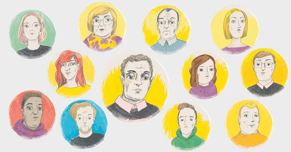 Kahdentoista piirretyn hahmon kasvokuvat.